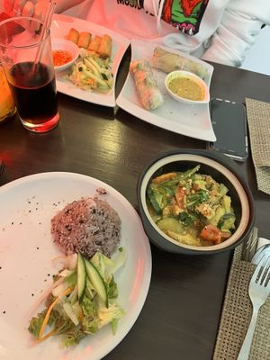 Peanut Coconutmilk stew. Springrolls and summer rolls   at Tiger Club in Berlin