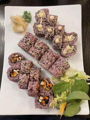 Kimchi tofu seitan (bottom), inari cream cheese spinach (middle), cooked tuna, chili mayo (top)  at Tiger Club in Berlin