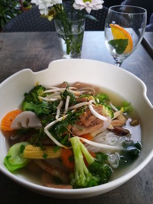 Soup with tofu, seitan and two kinds of noodles. at Tiger Club in Berlin