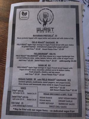 Vegan menu as of April 2022 at Wurst Bier Hall in Fargo