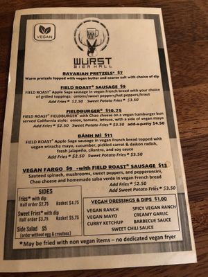 The vegan menu  at Wurst Bier Hall in Fargo