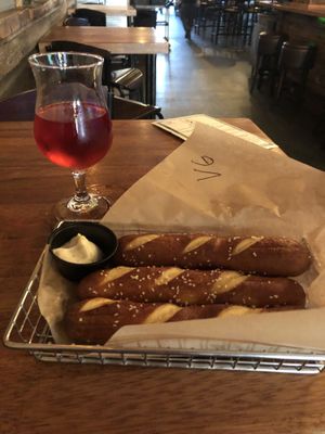 Vegan soft pretzel with vegan ranch  at Wurst Bier Hall in Fargo