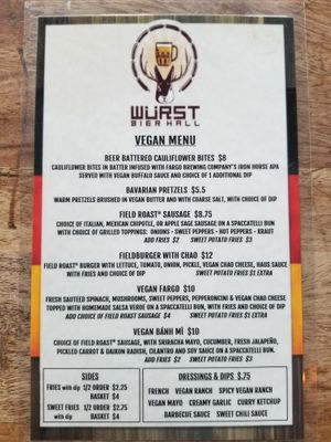 The mini vegan menu is small but impressive! Only available at the downtown Fargo location on 1st Ave. Vegan dipping sauces are SO GOOD! at Wurst Bier Hall in Fargo