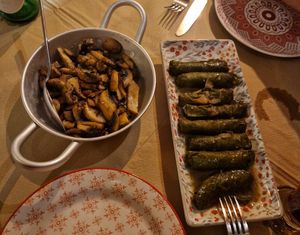 Garlic mushrooms and dolmades (best dolmades I've ever had) at To Posperi in Rhodes
