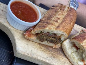 “Meatball” made with fresh ingredients and not packaged mock meat. The red sauce was legit. at Pura Vita in West Hollywood