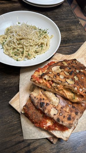 Meatball sandwich (spicy/smoky) and cacio e pepe   at Pura Vita in West Hollywood