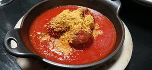 Meatballs appetizer, lentil and mushroom at Pura Vita in West Hollywood