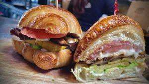 QUEEN CORNETTO
Tofu egg, shiitake bacon, cashew mozzarella, avocado, heirloom tomato, roasted garlic cashew aioli, toasted croissant  at Pura Vita in West Hollywood