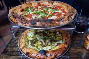 Americana and carbonara pizza   at Pura Vita in West Hollywood