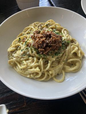 Carbonara 27 dollars but it’s sooo rich it’s hard to eat more than half   at Pura Vita in West Hollywood