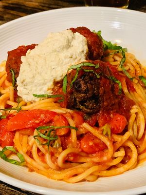 Spaghetti and meatballs w/ cashew cream at Pura Vita in West Hollywood