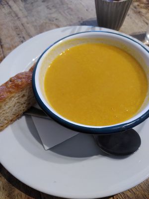 Sweet potato, lentil and coconut soup 😋 
(November 2024) at Medina in Aberystwyth