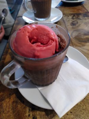 Raspberry sorbet and chocolate mousse 😋🤤😋 (November 2024) at Medina in Aberystwyth