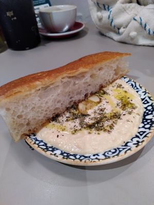 Focaccia and hummus (February 2026) at Medina in Aberystwyth