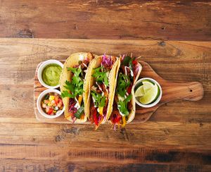 Vegan Tacos with soy meat, guacamole, vegetables, lime and salsa.  at Botanist in Tokyo