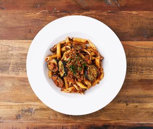Vegan Bolognese Penne with eggplant. at Botanist in Tokyo