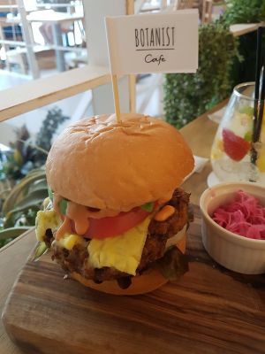 Vegan burger (came with pickled veg and crispy potatoes) at Botanist in Tokyo