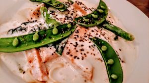 Green carbonara gluten free pasta at Botanist in Tokyo