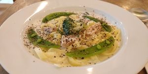 Carbonara with almond cream. Vegan, gluten free. 1400yen solo +400 yen if you want a smoothie, tax included at Botanist in Tokyo