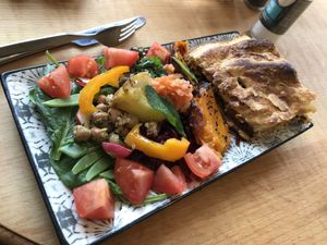 Salad with a really good pie with carrots and walnuts. Really tasty. at Mooplehog in Okehampton