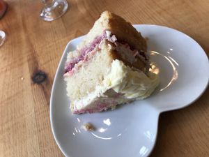 Strawberry vanilla cake. A bit sweet but really good. at Mooplehog in Okehampton