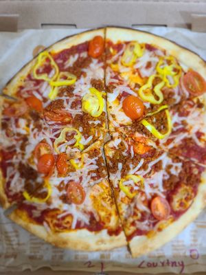 Vegan chorizo, banana peppers, & tomatoes at Blaze Pizza in Marina