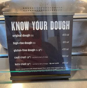 labeled info about dough  at Blaze Pizza in San Diego
