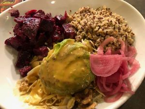 Beets + Avocado Bowl (vegan without the bread) at Urban Plates in Pleasant Hill