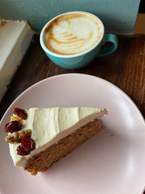 Vegan Carrot Cake + Oat Milk Cappuccino at Lovecrumbs - West Port in Edinburgh