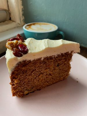 Vegan Carrot Cake + Oat Milk Cappuccino at Lovecrumbs - West Port in Edinburgh