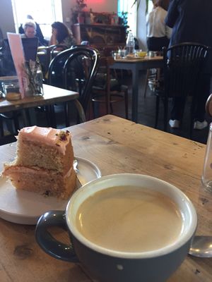 Rose cake and an oat milk latte is the best way to start your day  at Lovecrumbs - West Port in Edinburgh