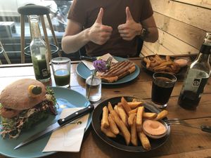 Vegan cheesburger and panini with fries. Tasty ❤️ at Melone in Aarhus