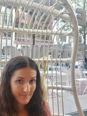 Swinging chairs in the front window at Beatnic - Back Bay in Boston