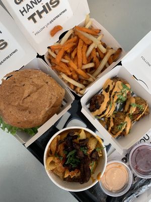 Burger, fries, mac and cheese and corn bites!  at Beatnic - Back Bay in Boston