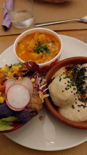 Soup, salad and "meat" balls made from veggies at Lo de Ponxe En El Kinto Pino in Valencia