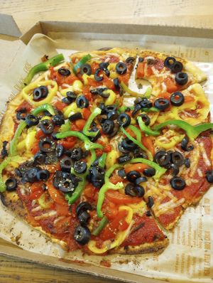 Vegan cheese with a ton of veggies. Red, green, and banana pepper. And olives. And sea salt and oregano. at CVG - Blaze Pizza in Hebron