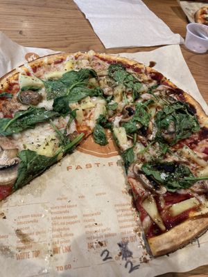 Vegan cheese with mushrooms, spinach, and pineapple   at Blaze Pizza in Burlington