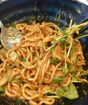 Look at this fine product after a good mixing. Simply amazing! You'll fly to heaven because the nutty taste of the almond butter pairs so well with the chewy texture of the noodles to makes the entire experience totally out of this world.  at Yes Natural Restaurant 悦意坊 in Central Singapore