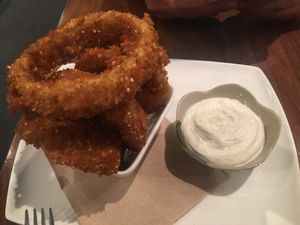 Best onion rings ever! With garlic mayo   at Fresh on Spadina in Toronto