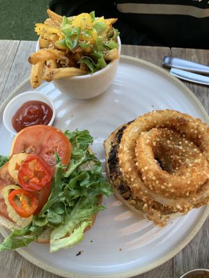 BBQ Burger with Dragon Fries   at Fresh on Spadina in Toronto