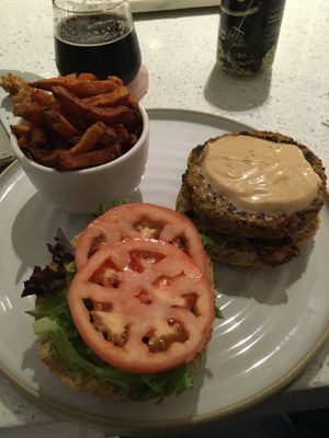 Veggie Burger with Sweet Potato Fries  at Fresh on Spadina in Toronto