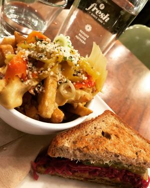 Tempeh and mushroom Reuben with dragon fries at Fresh on Spadina in Toronto