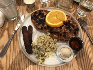Breakfast Platter with Blueberry Pancakes at Fresh on Spadina in Toronto