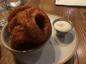 Quinoa onion rings with garlic mayo. Delicious! at Fresh on Spadina in Toronto