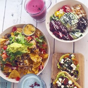Jackfruit Nachos, Beet "Poke" Bowl, and Caprese Toast! yum! at Vibe in Hilo
