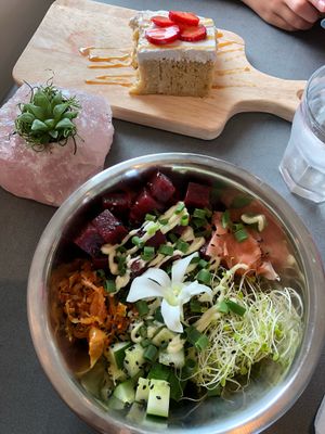 Beet Poke bowl and Vegan Tres Leche  at Vibe in Hilo
