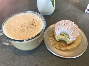 Chai latte and lavender cupcake  at Vibe in Hilo