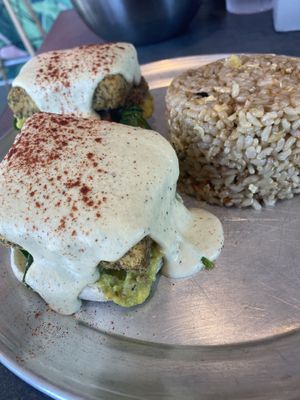 Eggs Benedict w/ pineapple fried rice at Vibe in Hilo