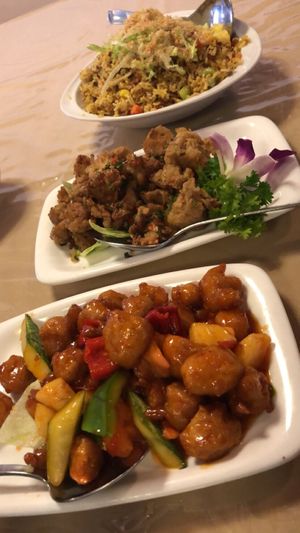 Sweet and sour “chicken”, salt veg. chicken and pineapple fried rice  at Eight Treasures Vegetarian 八宝素食馆 in Central Singapore