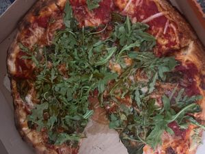 One large 1-top pizza ($14.49 digital app order) with red sauce, spinach, arguala, vegan cheese, BBQ sauce, oregano, and sea salt.  at Blaze Pizza in Bay Shore